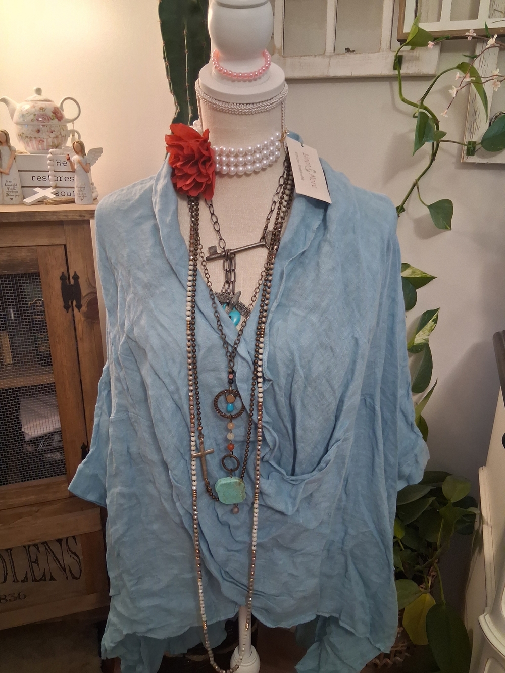 Light Blue Women's Draped V-Neck Tunic Top